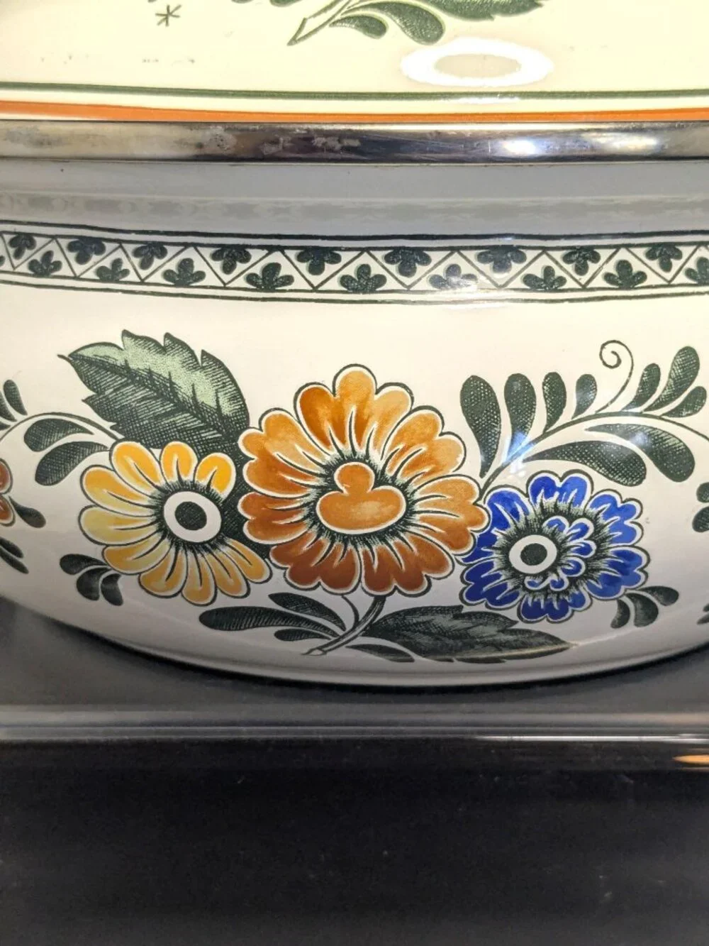 Vintage Asta Enamelware Alt Amsterdam Floral Covered Saucepan Brass Handle & Lid